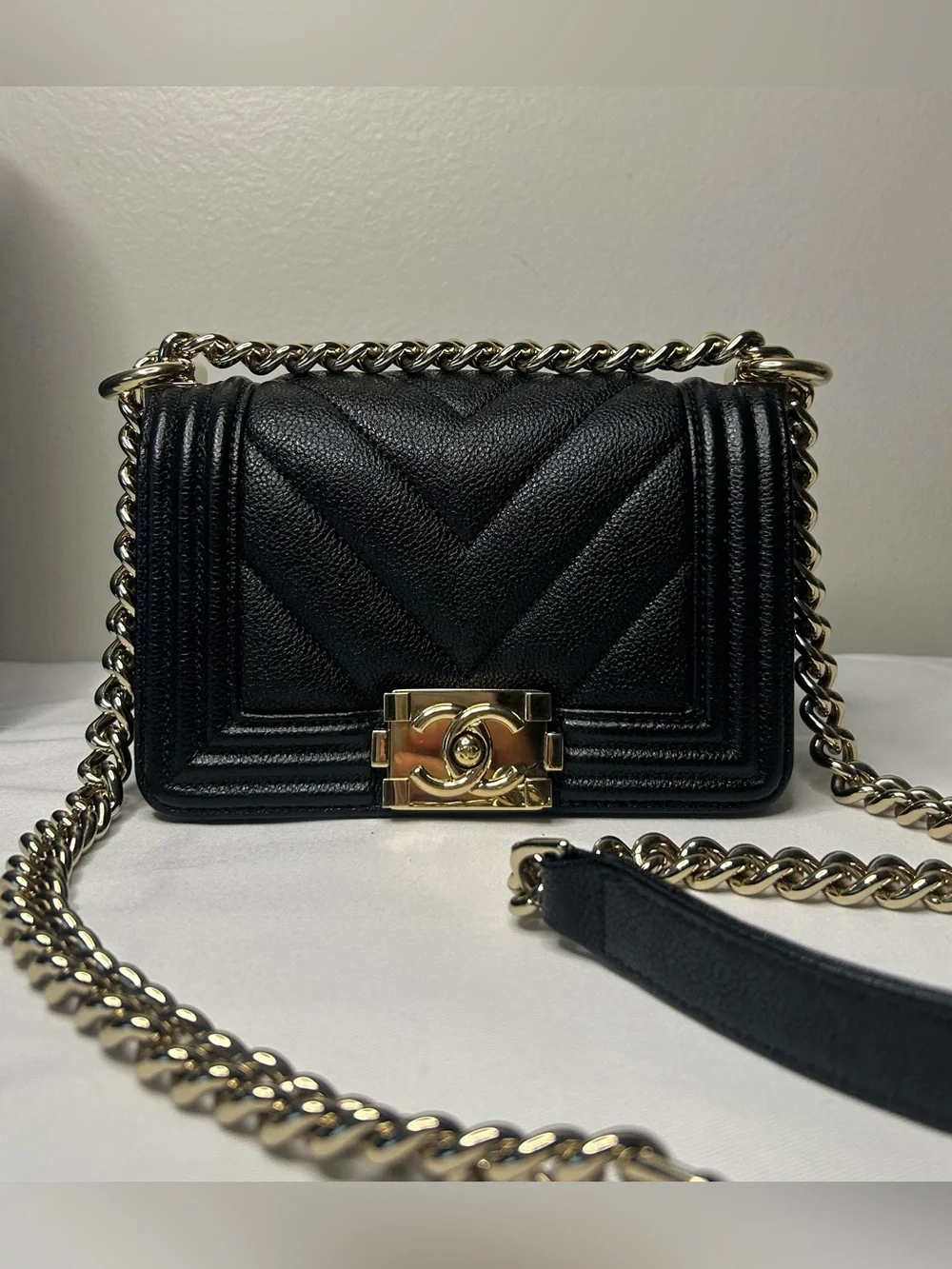 CHANEL Mini Boy Flap Bag Caviar Chevron Quilted Black/Gold